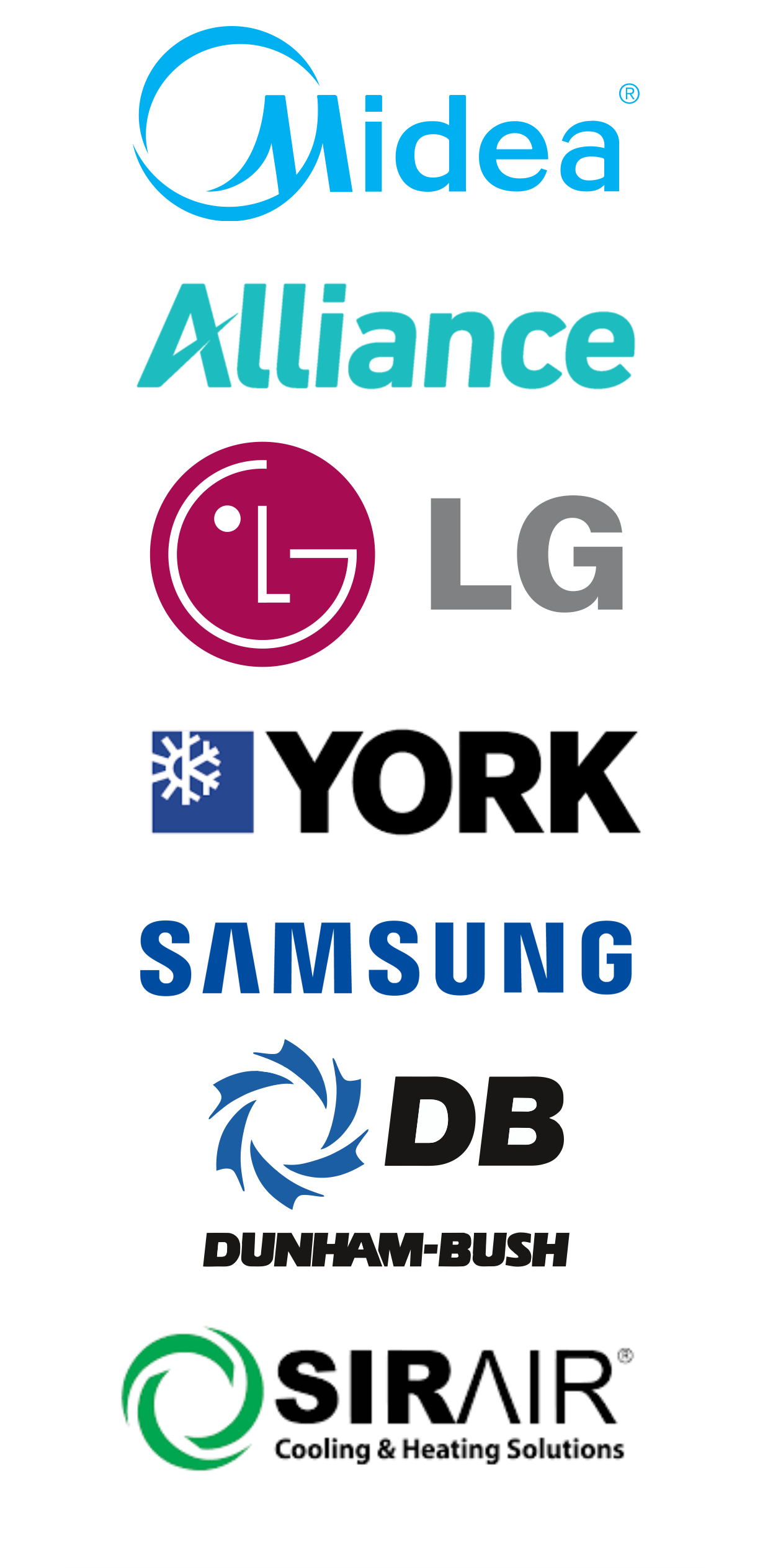 alt= Logos of Midea Aircon, Alliance, LG Aircon, York Aircon, Samsung Aircon, and Dunham-Bush, SirAir displayed vertically against a sleek black background.